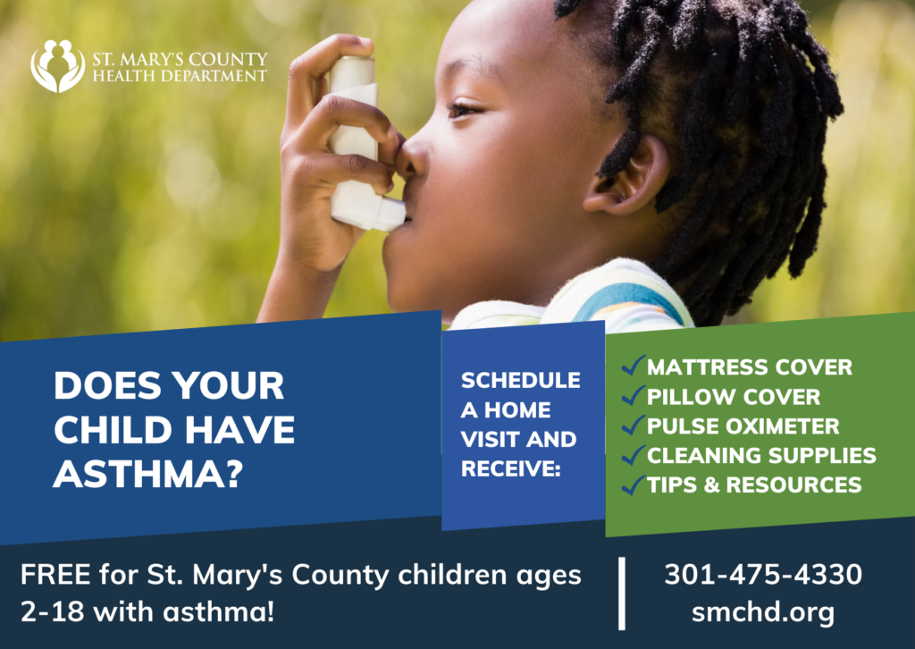 SMCHD asthma program flyer featuring young boy using inhaler with programmatic information