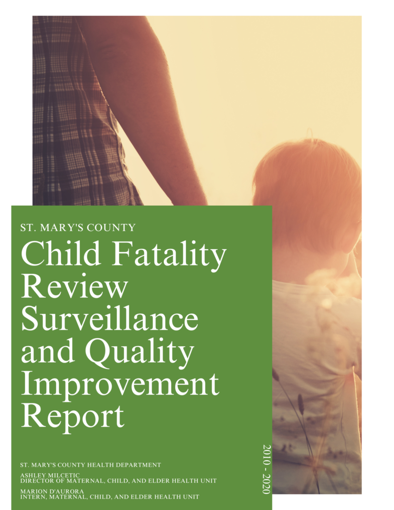 Cover page of St. Mary's County Child Fatality Review Surveillance and Quality Improvement Report showing an adult holding a child's hand with a glow from the sunset