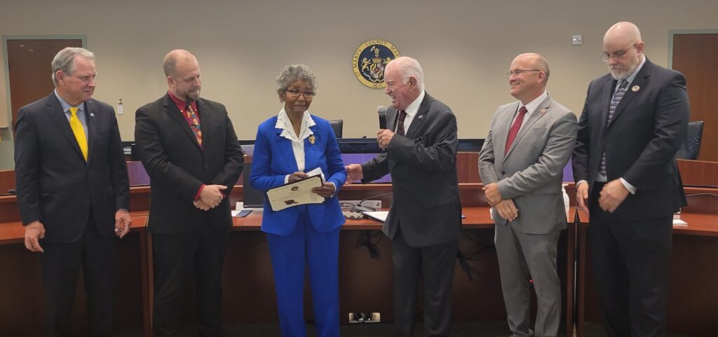 Patricia Smith receives a Commendation from the Commissioners of St. Mary’s County upon her Retirement after 50 Years of Service