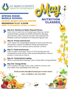 May Nutrition Class Schedule at the Spring Ridge Middle School Based Health Center. Click here for more information.