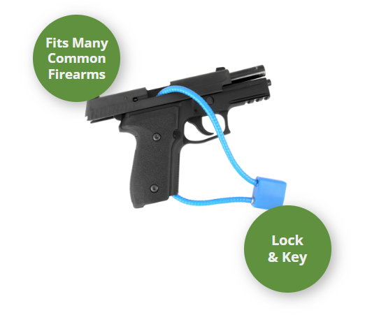 image of a gun with a blue gunlock properly attached with the text "Fits Many common firearms. Lock & Key."