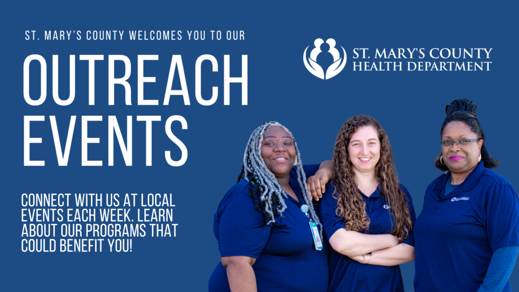 Banner inviting community members to find our team at outreach events each week witha photo of 3 SMCHD team members