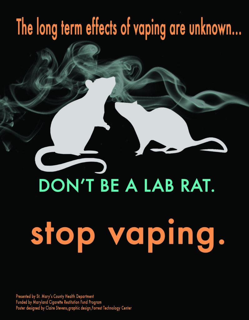 Image with smoke and two lab rats: The long term effects of vaping are unknown. Don't be a lab rat, stop vaping. 